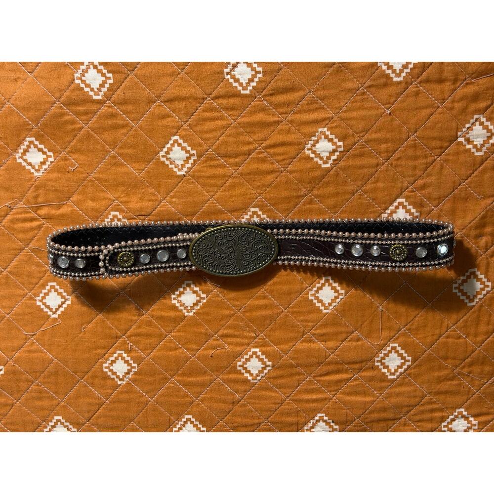 Western Brown Belt Pink Faux Pearls Rhinestones Paisley Buckle Boho Cowgirl